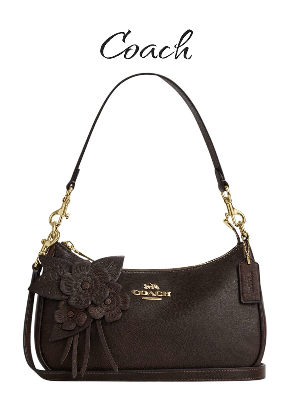 COACH NWT Teri Shoulder Bag Floral Applique Leather Maple Brown Gold